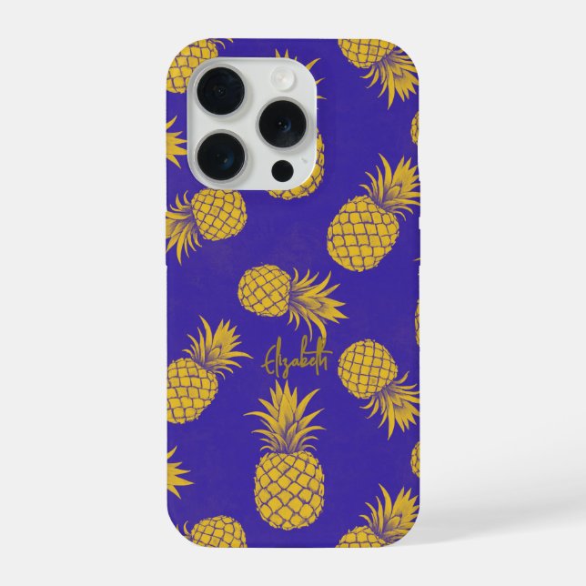 Tropical Pineapple with Name – Watercolor Style iPhone Case (Back)