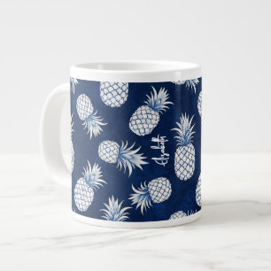 Tropical Pineapple with Name – Watercolor Style Large Coffee Mug