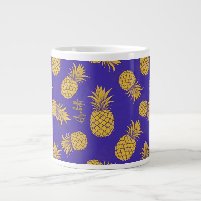 Tropical Pineapple with Name – Watercolor Style Large Coffee Mug (Front)