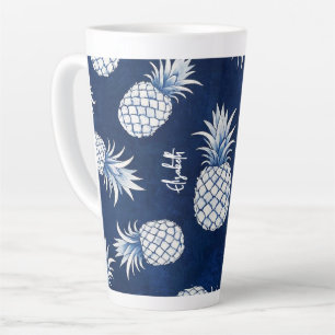 Tropical Pineapple with Name – Watercolor Style Latte Mug