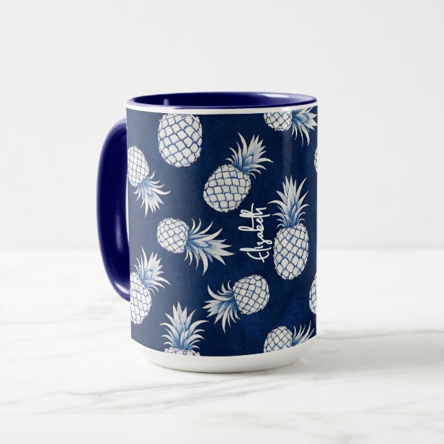 Tropical Pineapple with Name – Watercolor Style Mug (Front Left)