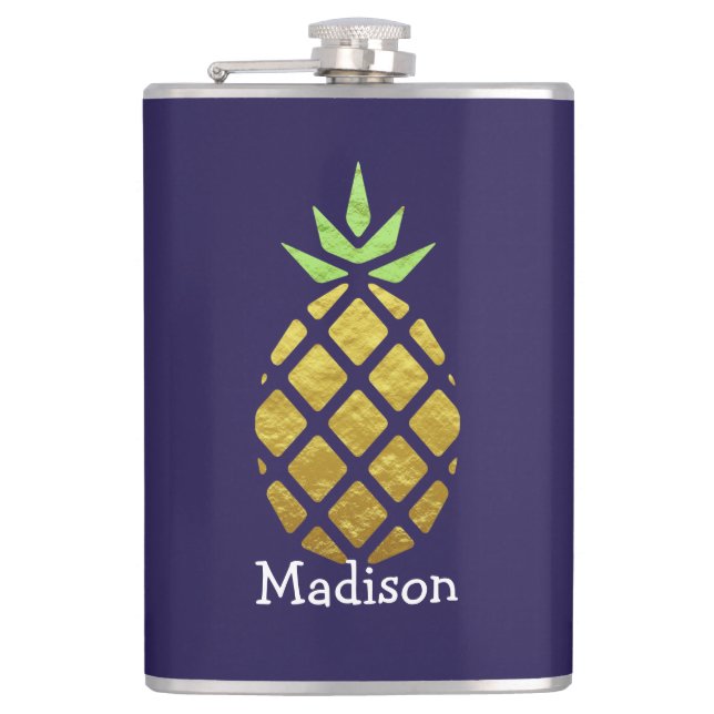 Tropical Pineapple With Your Name Hip Flask (Front)