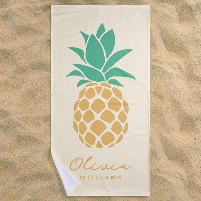 Tropical Pineapple Yellow Custom Name  Beach Towel (Creator Uploaded)