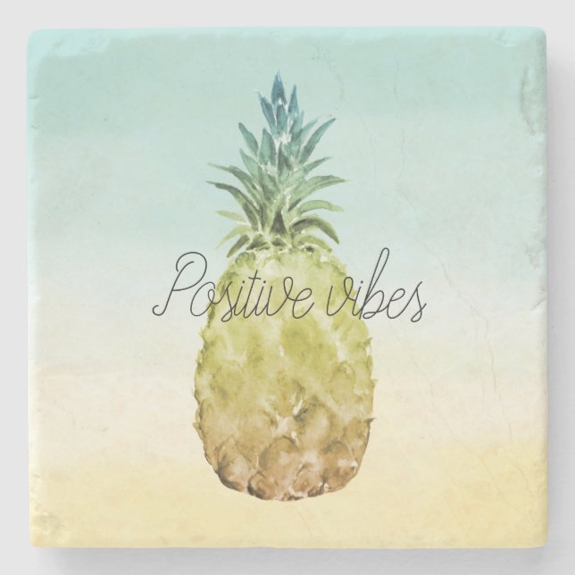 Tropical Pineapple Yellow Mint Ombre personalised Stone Coaster (Front)