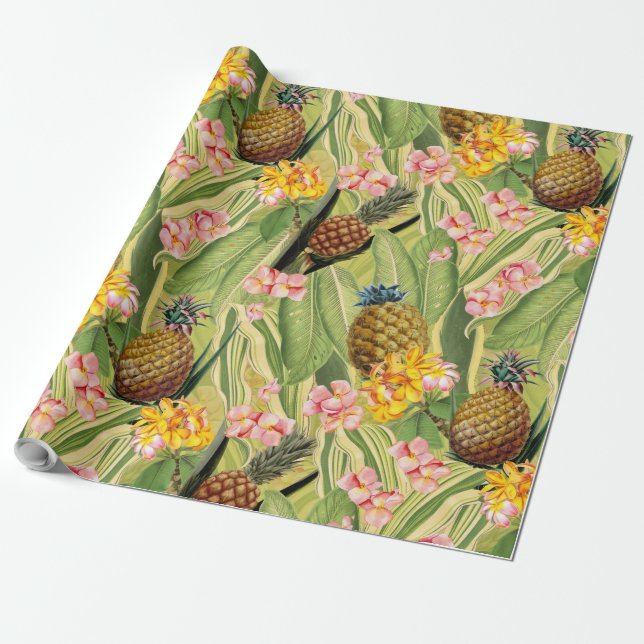 Tropical pineapples and flowers leaves jungle wrapping paper (Unrolled)
