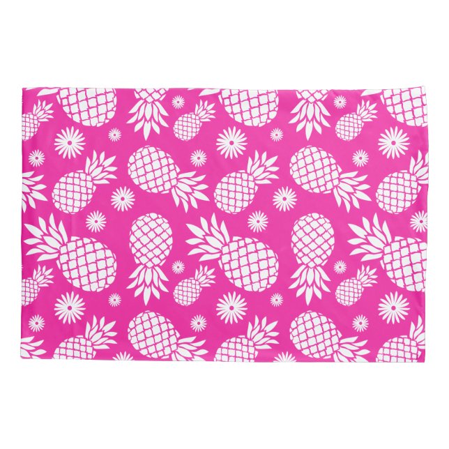 Tropical pineapples and flowers pink white art pillowcase (Back)