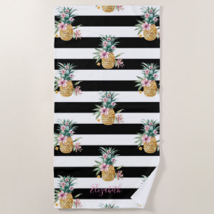 Tropical Pineapples,Black White Stripes Beach Towel