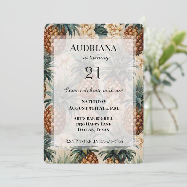 Tropical Pineapples Floral Birthday Invitation (Standing Front)