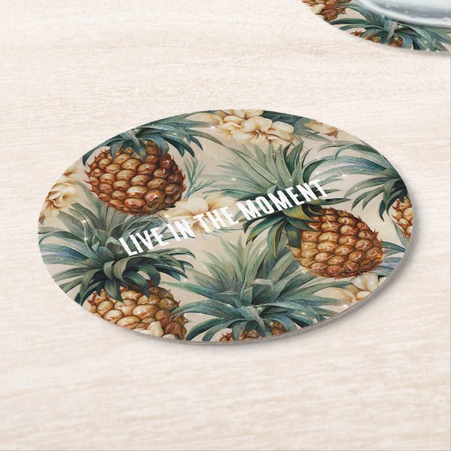 Tropical Pineapples Floral Round Paper Coaster (Angled)