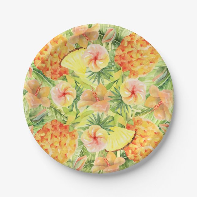 Tropical Pineapples Flowers Greenery Paper Plate (Front)