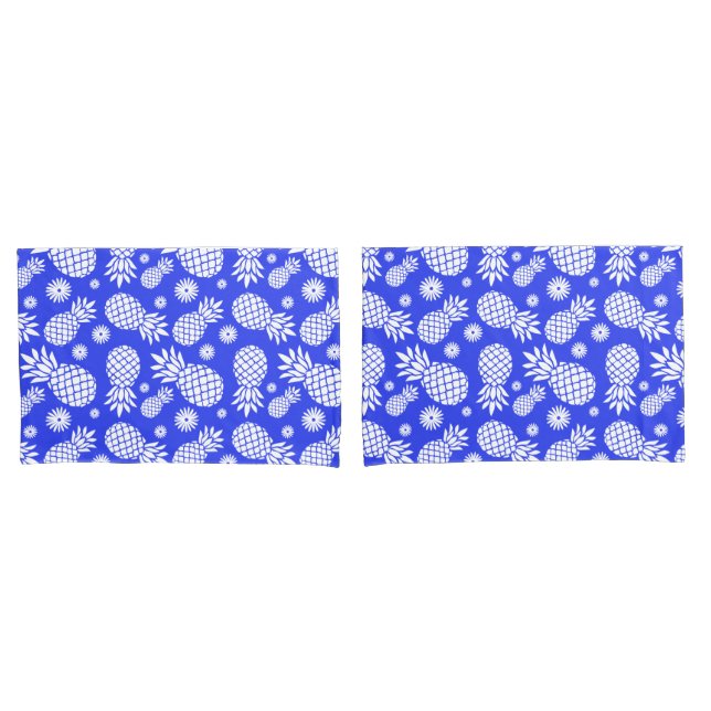 Tropical pineapples & flowers white blue pillowcase (Front-Set)