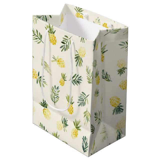 Tropical Pineapples Green Leaves Birthday Medium Gift Bag (Front Angled)