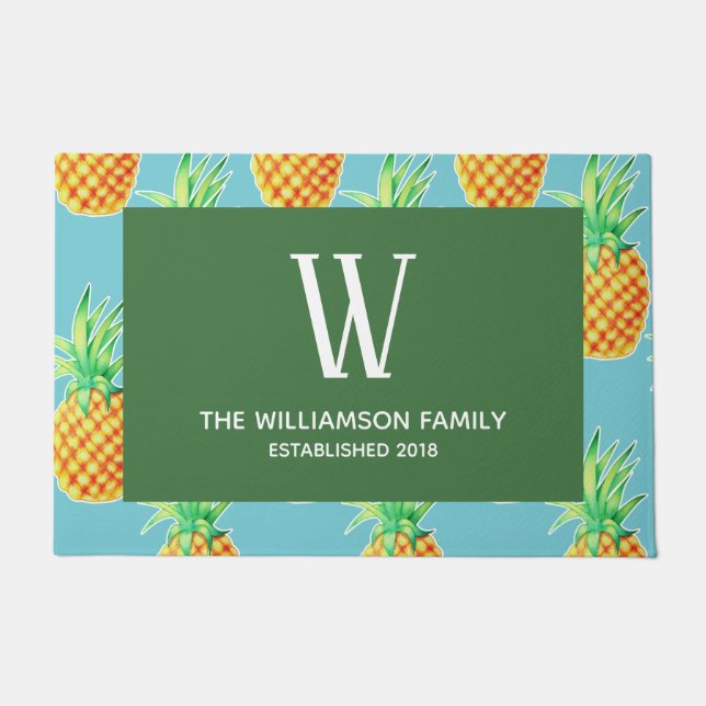 Tropical Pineapples Illustration & Family Name Doormat (Front)