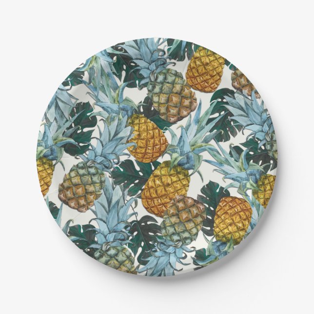 Tropical Pineapples & Leaves Exotic Birthday Party Paper Plate (Front)