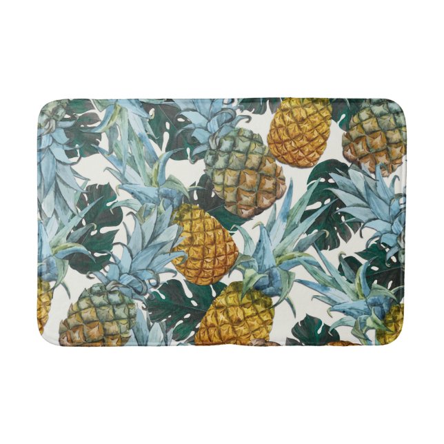 Tropical Pineapples & Leaves Exotic Island Bath Mat (Front)