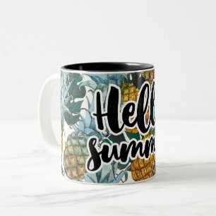 Tropical Pineapples & Leaves Hello Summer Two-Tone Coffee Mug