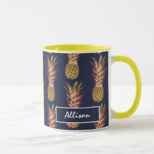 Tropical Pineapples Navy Blue Yellow Personalised Mug