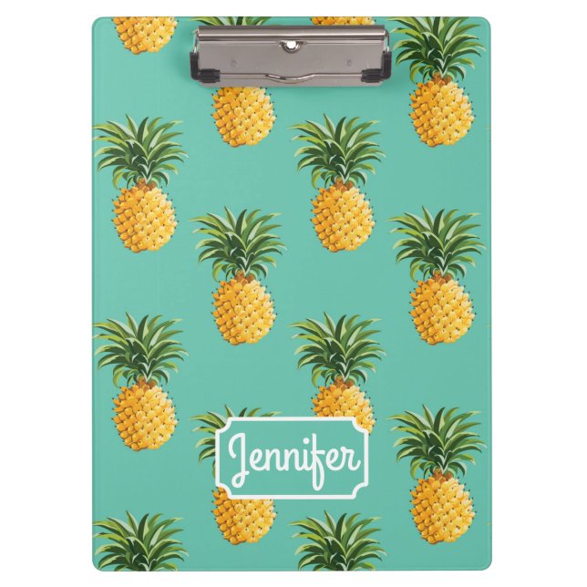 Tropical Pineapples On Teal | Add Your Name Clipboard (Front)