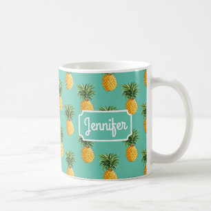 Tropical Pineapples On Teal Add Your Name Coffee Mug