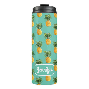 Tropical Pineapples On Teal   Add Your Name Thermal Tumbler