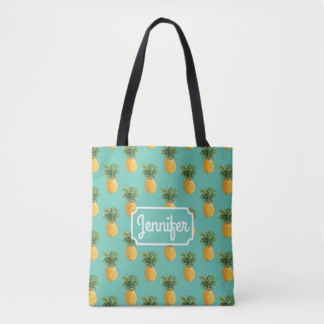 Tropical Pineapples On Teal | Add Your Name Tote Bag (Front)