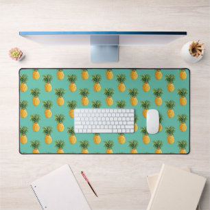 Tropical Pineapples On Teal Desk Mat