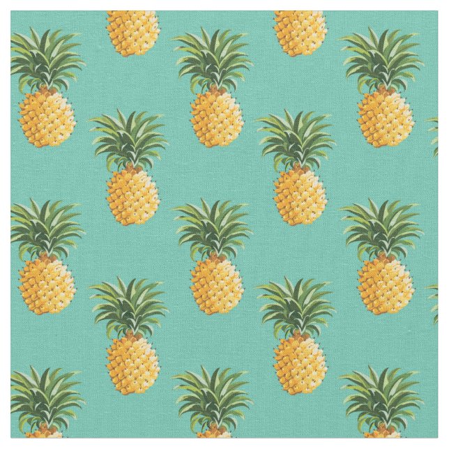 Tropical Pineapples On Teal Fabric (Close Up)