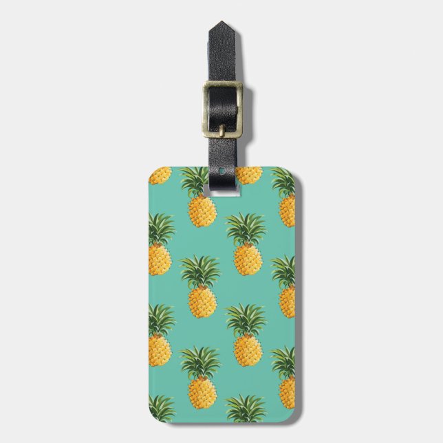 Tropical Pineapples On Teal Luggage Tag (Front Vertical)