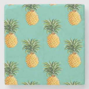 Tropical Pineapples On Teal Stone Coaster