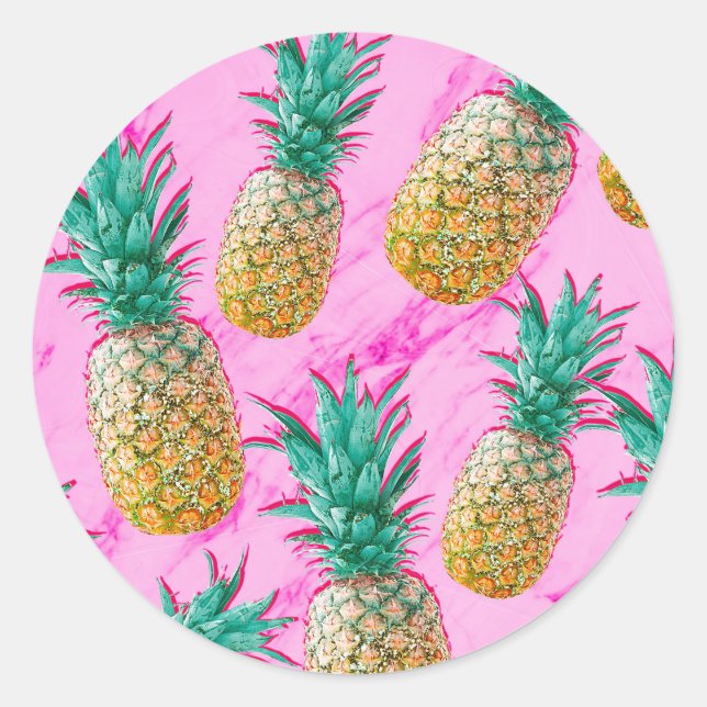 Tropical Pineapples & Pink Marble Chic Party Favou Classic Round Sticker (Front)