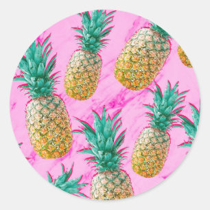 Tropical Pineapples & Pink Marble Chic Party Favou Classic Round Sticker