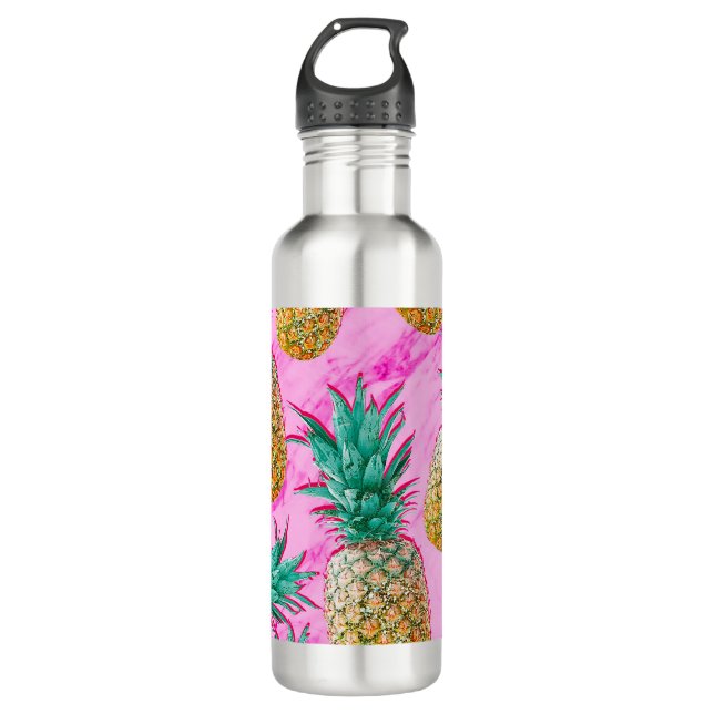 Tropical Pineapples & Pink Marble Modern Colourful 710 Ml Water Bottle (Front)
