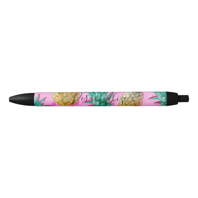 Tropical Pineapples & Pink Marble Modern Colourful Blue Ink Pen (Front)