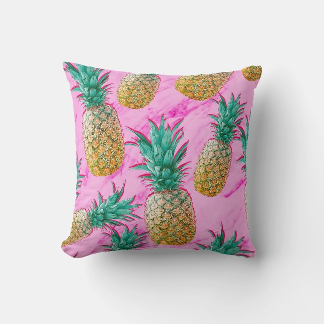 Tropical Pineapples & Pink Marble Modern Colourful Cushion (Front)