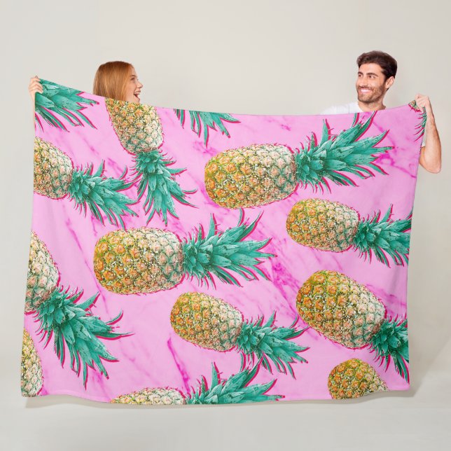 Tropical Pineapples & Pink Marble Modern Colourful Fleece Blanket (In Situ)