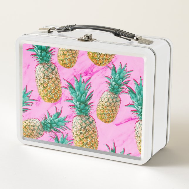 Tropical Pineapples & Pink Marble Modern Colourful Metal Lunch Box (Front)