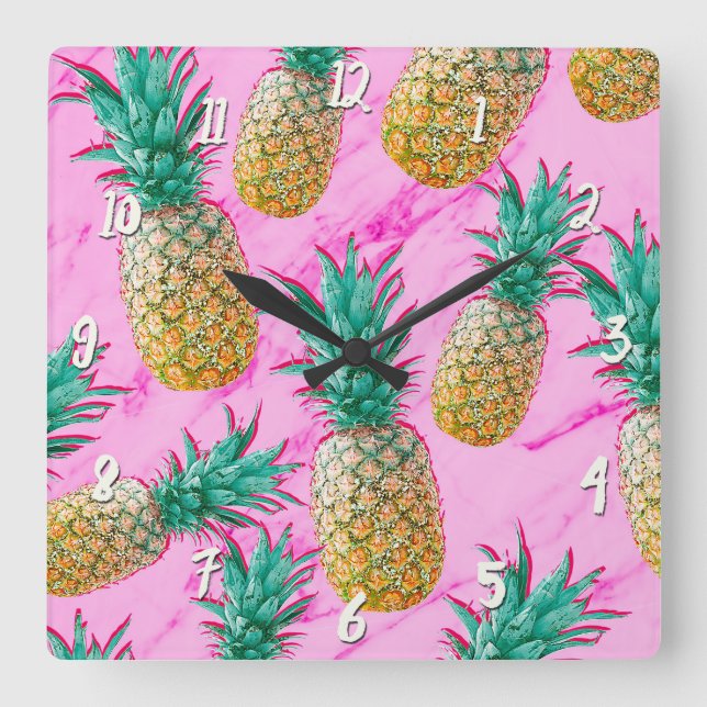 Tropical Pineapples & Pink Marble Modern Colourful Square Wall Clock (Front)