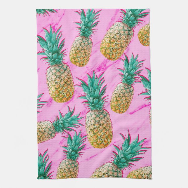 Tropical Pineapples & Pink Marble Modern Colourful Tea Towel (Vertical)