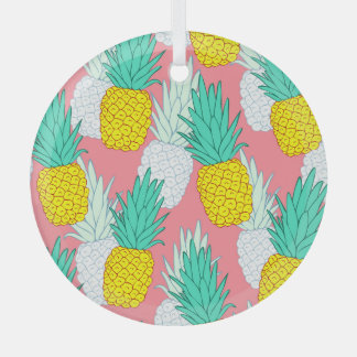 Tropical Pineapples: Red Cartoon Chic. Glass Tree Decoration