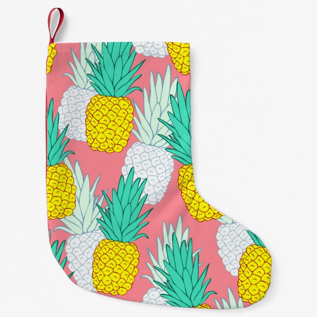 Tropical Pineapples: Red Cartoon Chic. Small Christmas Stocking (Front)