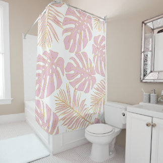 Tropical pink and gold monstera and  palm leaves shower curtain