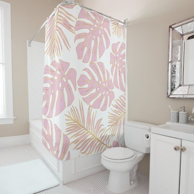 Tropical pink and gold monstera and  palm leaves shower curtain (In Situ)