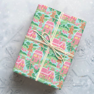 Tropical Pink and Green Christmas Gingerbread Town Wrapping Paper