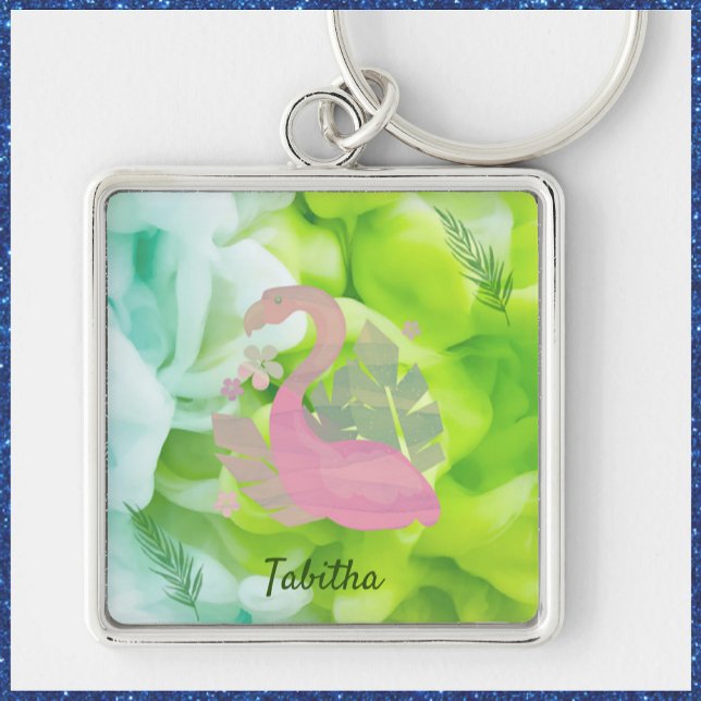 Tropical Pink and Green Flamingo and Palms Key Ring (Creator Uploaded)