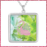 Tropical Pink and Green Flamingo and Palms Silver Plated Necklace<br><div class="desc">Gorgeous Florida colours on an abstract background with a flamingo and palms.  Blue,  green and salmon pink colours. Add your name to personalise.</div>