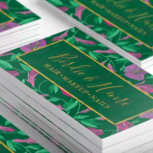 Tropical Pink and Green Floral Pattern Business Card (Close up of stacked Tropical Pink and Green Floral Business Cards)