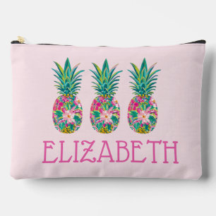 Tropical Pink and Green Floral Pineapple Accessory Pouch