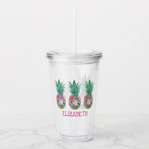 Tropical Pink and Green Floral Pineapple Acrylic Tumbler