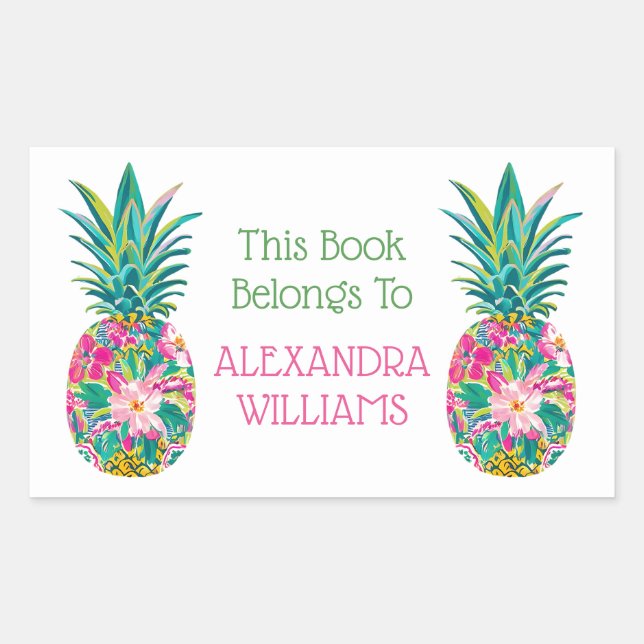Tropical Pink and Green Floral Pineapple Bookplate Rectangular Sticker (Front)