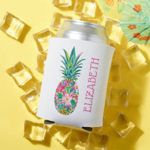 Tropical Pink and Green Floral Pineapple Can Cooler